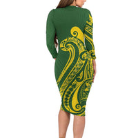 Kia Orana Cook Islands Long Sleeve Bodycon Dress Plumeria Tropical Waves LT7 - Polynesian Pride