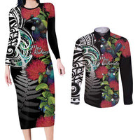 Meri Kirihimete New Zealand Couples Matching Long Sleeve Bodycon Dress and Long Sleeve Button Shirt Tui on Pohutukawa