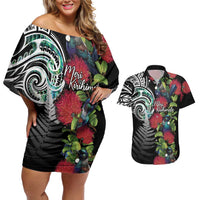 Meri Kirihimete New Zealand Couples Matching Off Shoulder Short Dress and Hawaiian Shirt Tui on Pohutukawa