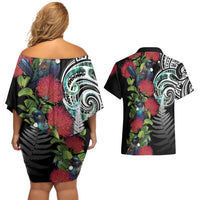 Meri Kirihimete New Zealand Couples Matching Off Shoulder Short Dress and Hawaiian Shirt Tui on Pohutukawa