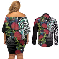 Meri Kirihimete New Zealand Couples Matching Off Shoulder Short Dress and Long Sleeve Button Shirt Tui on Pohutukawa
