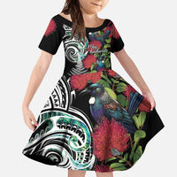 Meri Kirihimete New Zealand Family Matching Off Shoulder Maxi Dress and Hawaiian Shirt Tui on Pohutukawa LT7 Daughter's Dress Black - Polynesian Pride