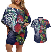 Meri Kirihimete New Zealand Couples Matching Off Shoulder Short Dress and Hawaiian Shirt Tui on Pohutukawa - Blue Ver