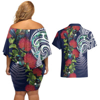 Meri Kirihimete New Zealand Couples Matching Off Shoulder Short Dress and Hawaiian Shirt Tui on Pohutukawa - Blue Ver