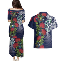 Meri Kirihimete New Zealand Couples Matching Puletasi and Hawaiian Shirt Tui on Pohutukawa - Blue Ver