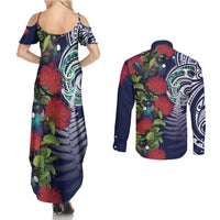 Meri Kirihimete New Zealand Couples Matching Summer Maxi Dress and Long Sleeve Button Shirt Tui on Pohutukawa - Blue Ver