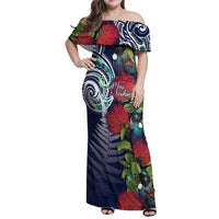 Meri Kirihimete New Zealand Family Matching Off Shoulder Maxi Dress and Hawaiian Shirt Tui on Pohutukawa - Blue Ver LT7 Mom's Dress Blue - Polynesian Pride