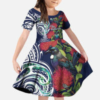 Meri Kirihimete New Zealand Family Matching Short Sleeve Bodycon Dress and Hawaiian Shirt Tui on Pohutukawa - Blue Ver LT7 Daughter's Dress Blue - Polynesian Pride