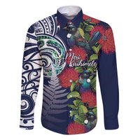 Meri Kirihimete New Zealand Family Matching Summer Maxi Dress and Hawaiian Shirt Tui on Pohutukawa - Blue Ver LT7 Dad's Shirt - Long Sleeve Blue - Polynesian Pride