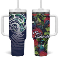 Meri Kirihimete New Zealand Tumbler With Handle Tui on Pohutukawa - Blue Ver LT7 One Size: 40 oz Blue - Polynesian Pride