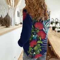 Meri Kirihimete New Zealand Women Casual Shirt Tui on Pohutukawa - Blue Ver LT7 - Polynesian Pride