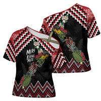 New Zealand Christmas Taniko Poutama Cross Shoulder Shirt Flora Map with Birds LT7 - Polynesian Pride