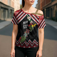 New Zealand Christmas Taniko Poutama Cross Shoulder Shirt Flora Map with Birds LT7 - Polynesian Pride