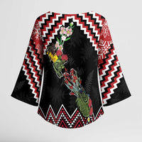 New Zealand Christmas Taniko Poutama Kimono Sleeve Blouse Flora Map with Birds - Polynesian Pride