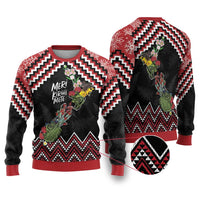 New Zealand Christmas Taniko Poutama Ugly Christmas Sweater Flora Map with Birds - Polynesian Pride