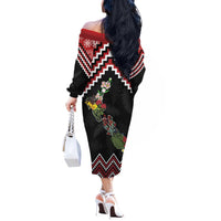 New Zealand Christmas Taniko Poutama Off The Shoulder Long Sleeve Dress Flora Map with Birds - Polynesian Pride