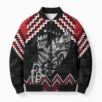 New Zealand Christmas Taniko Poutama Bomber Puffer Jacket Mountainscape Maori Fern LT7 Unisex Black - Polynesian Pride