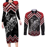 New Zealand Christmas Taniko Poutama Couples Matching Long Sleeve Bodycon Dress and Long Sleeve Button Shirt Mountainscape Maori Fern - Polynesian Pride