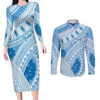 Bula Fiji Classic Masi Tapa Couples Matching Long Sleeve Bodycon Dress and Long Sleeve Button Shirt Turquoise - Polynesian Pride
