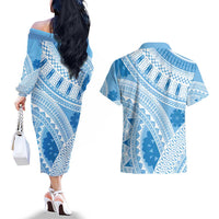 Bula Fiji Classic Masi Tapa Couples Matching Off The Shoulder Long Sleeve Dress and Hawaiian Shirt Turquoise - Polynesian Pride