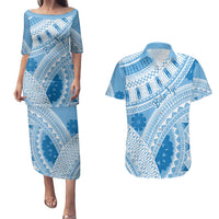 Bula Fiji Classic Masi Tapa Couples Matching Puletasi and Hawaiian Shirt Turquoise - Polynesian Pride
