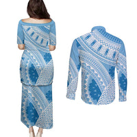 Bula Fiji Classic Masi Tapa Couples Matching Puletasi and Long Sleeve Button Shirt Turquoise - Polynesian Pride