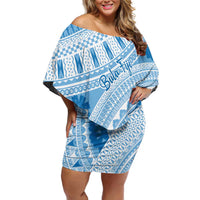 Bula Fiji Classic Masi Tapa Off Shoulder Short Dress Turquoise - Polynesian Pride
