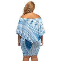 Bula Fiji Classic Masi Tapa Off Shoulder Short Dress Turquoise - Polynesian Pride