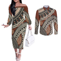 Bula Fiji Classic Masi Tapa Couples Matching Off The Shoulder Long Sleeve Dress and Long Sleeve Button Shirt Vintage Brown - Polynesian Pride