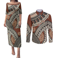 Bula Fiji Classic Masi Tapa Couples Matching Puletasi and Long Sleeve Button Shirt Vintage Brown LT7 Brown - Polynesian Pride