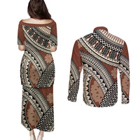 Bula Fiji Classic Masi Tapa Couples Matching Puletasi and Long Sleeve Button Shirt Vintage Brown LT7 - Polynesian Pride