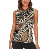 Bula Fiji Classic Masi Tapa Women Sleeveless Polo Shirt Vintage Brown - Polynesian Pride