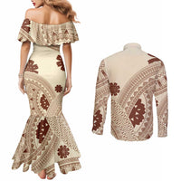 Bula Fiji Classic Masi Tapa Couples Matching Mermaid Dress and Long Sleeve Button Shirt Vintage Beige - Polynesian Pride