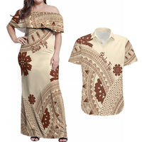 Bula Fiji Classic Masi Tapa Couples Matching Off Shoulder Maxi Dress and Hawaiian Shirt Vintage Beige - Polynesian Pride
