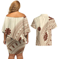 Bula Fiji Classic Masi Tapa Couples Matching Off Shoulder Short Dress and Hawaiian Shirt Vintage Beige - Polynesian Pride