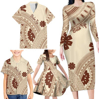 Bula Fiji Classic Masi Tapa Family Matching Long Sleeve Bodycon Dress and Hawaiian Shirt Vintage Beige - Polynesian Pride