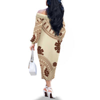 Bula Fiji Classic Masi Tapa Family Matching Off The Shoulder Long Sleeve Dress and Hawaiian Shirt Vintage Beige - Polynesian Pride