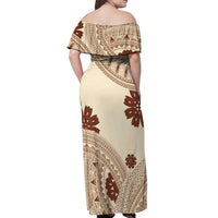 Bula Fiji Classic Masi Tapa Off Shoulder Maxi Dress Vintage Beige - Polynesian Pride