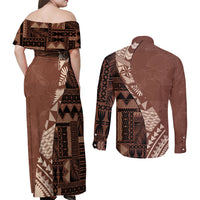 Bula Fiji Couples Matching Off Shoulder Maxi Dress and Long Sleeve Button Shirt Tribal Masi Tapa - Brown LT7 - Polynesian Pride