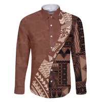 Bula Fiji Family Matching Off Shoulder Short Dress and Hawaiian Shirt Tribal Masi Tapa - Brown LT7 Dad's Shirt - Long Sleeve Brown - Polynesian Pride