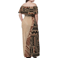 Bula Fiji Off Shoulder Maxi Dress Tribal Masi Tapa - Beige LT7 - Polynesian Pride