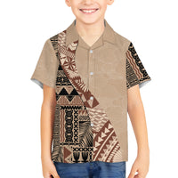 Bula Fiji Family Matching Off Shoulder Maxi Dress and Hawaiian Shirt Tribal Masi Tapa - Beige LT7 Son's Shirt Beige - Polynesian Pride