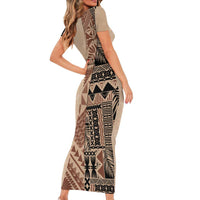 Bula Fiji Short Sleeve Bodycon Dress Tribal Masi Tapa - Beige LT7