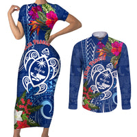 Guam Christmas Couples Matching Short Sleeve Bodycon Dress and Long Sleeve Button Shirt Turtle Mix Tapa Felis Pasgua LT7 Blue - Polynesian Pride