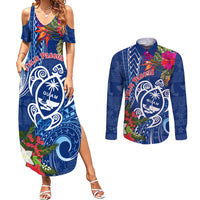 Guam Christmas Couples Matching Summer Maxi Dress and Long Sleeve Button Shirt Turtle Mix Tapa Felis Pasgua LT7 Blue - Polynesian Pride