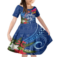 Guam Christmas Family Matching Off Shoulder Short Dress and Hawaiian Shirt Turtle Mix Tapa Felis Pasgua LT7 Daughter's Dress Blue - Polynesian Pride