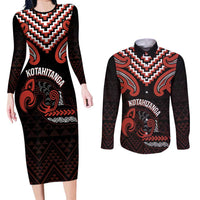 Maori Waitangi Couples Matching Long Sleeve Bodycon Dress and Long Sleeve Button Shirt Kotahitanga Poutama Mix Whakairo LT7 Black - Polynesian Pride