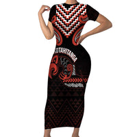 Maori Waitangi Short Sleeve Bodycon Dress Kotahitanga Poutama Mix Whakairo LT7 Long Dress Black - Polynesian Pride