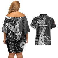 Fiji Rugby Personalised Bula Masi Couples Matching Off Shoulder Short Dress and Hawaiian Shirt Fish Tail Kaivity Cibi - Black
