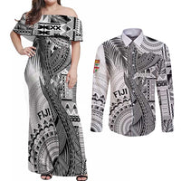 Fiji Rugby Personalised Bula Masi Couples Matching Off Shoulder Maxi Dress and Long Sleeve Button Shirt Fish Tail Kaivity Cibi - White